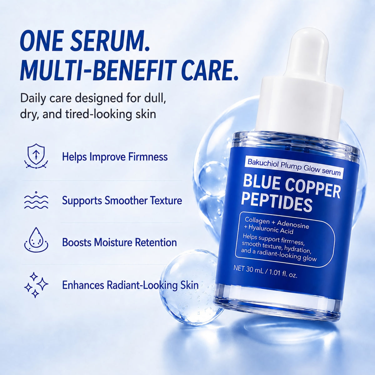 Copper Peptides Serum for Face, GHK-Cu, Bakuchiol & Hyaluronic Acid, 1.0 oz