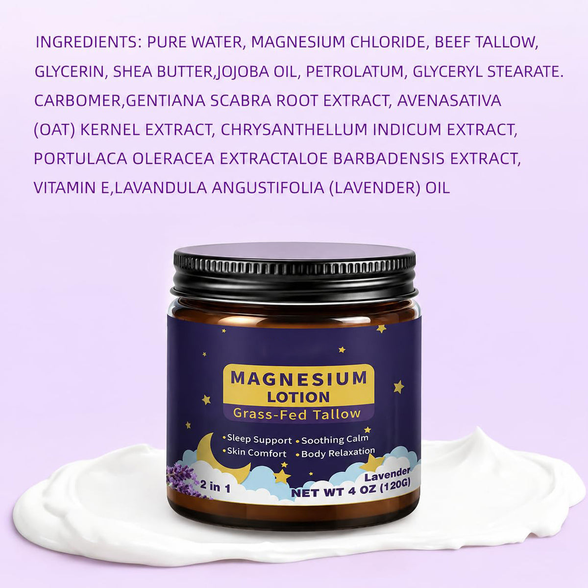 Magnesium Lotion, Grass Fed Tallow, Sleep and Muscle Support, Lavender 4 oz
