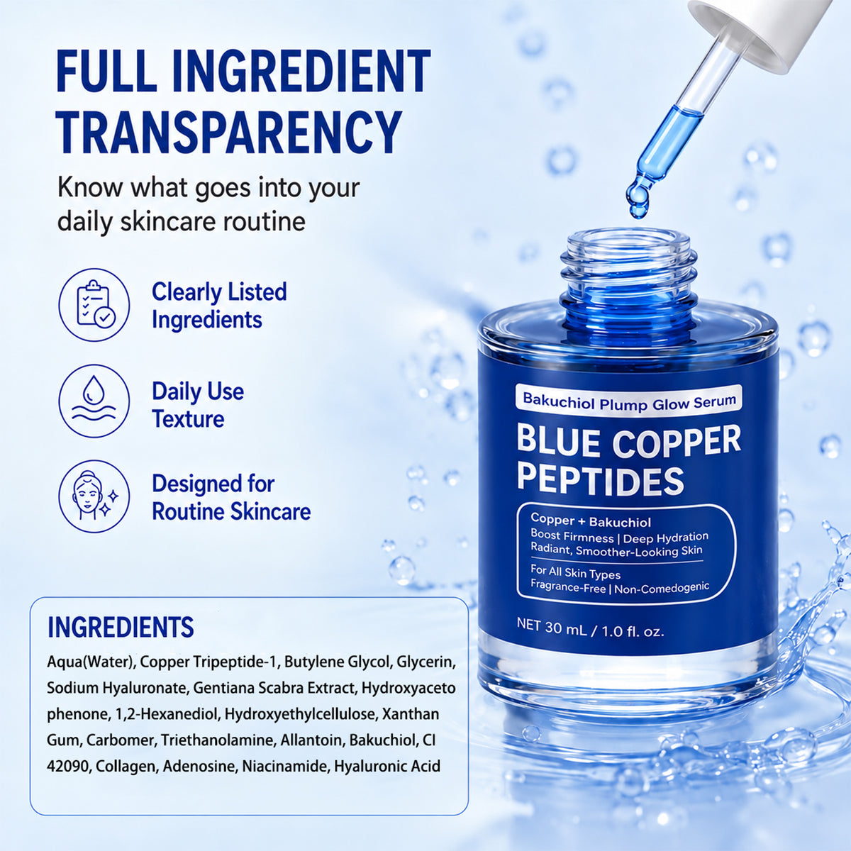 Copper Peptides Serum for Face, GHK-Cu, Bakuchiol & Hyaluronic Acid, 1.0 oz