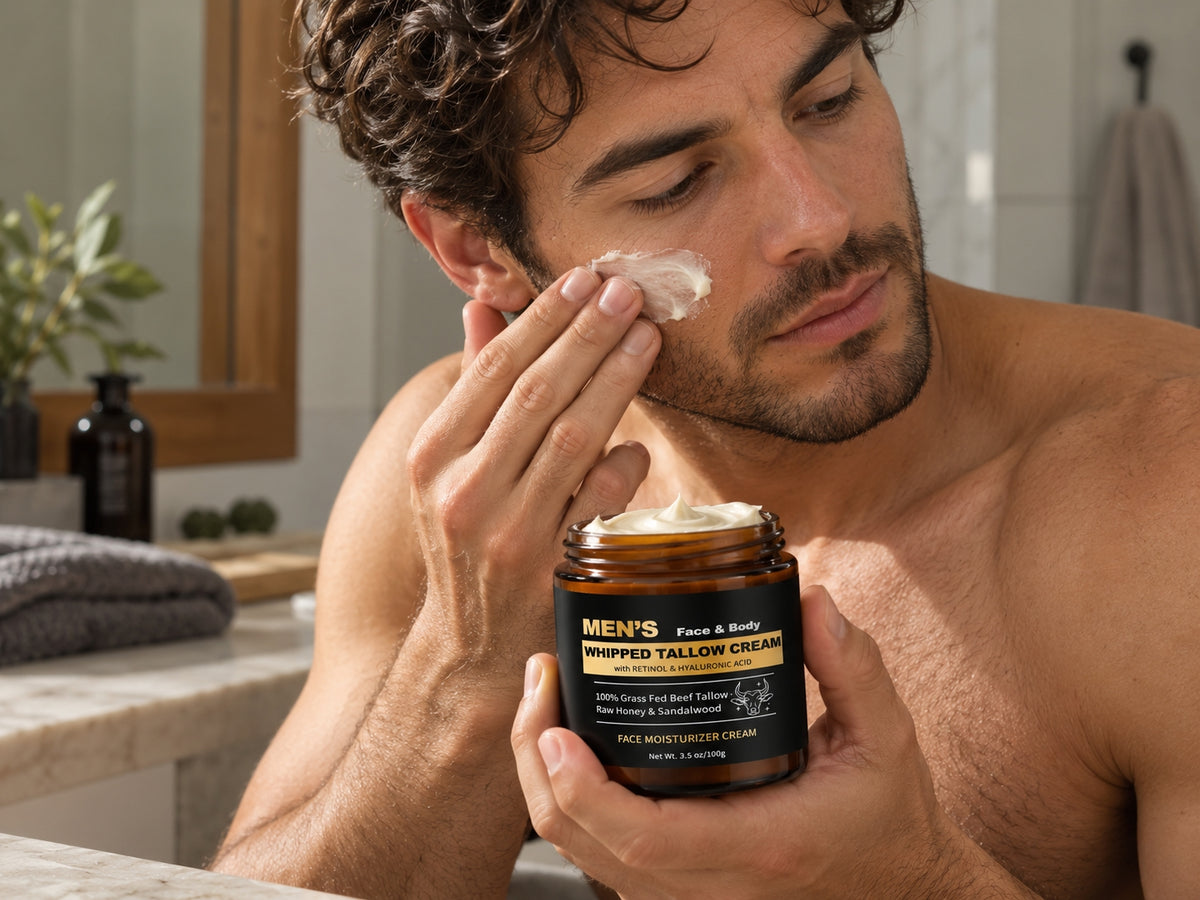 Mens Beef Tallow Balm with Retinol and Hyaluronic Acid, Sandalwood, 3.5 oz