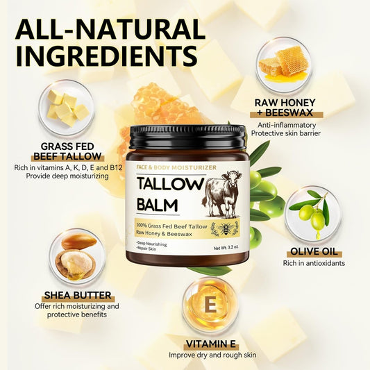Beef Tallow and Honey Balm, Organic Grass Fed Face Moisturizer, Body Butter - veakoo