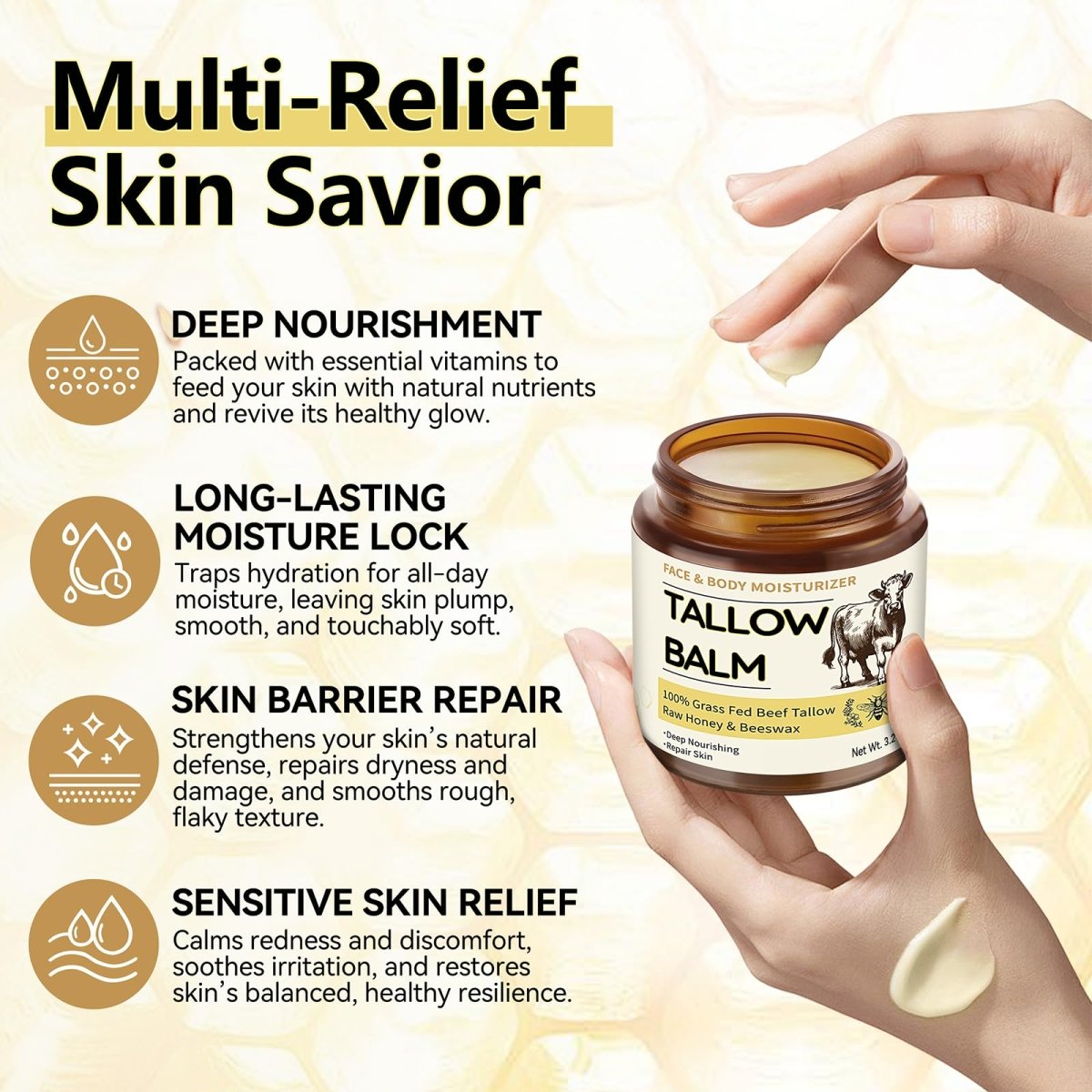 Beef Tallow and Honey Balm, Organic Grass Fed Face Moisturizer, Body Butter - veakoo