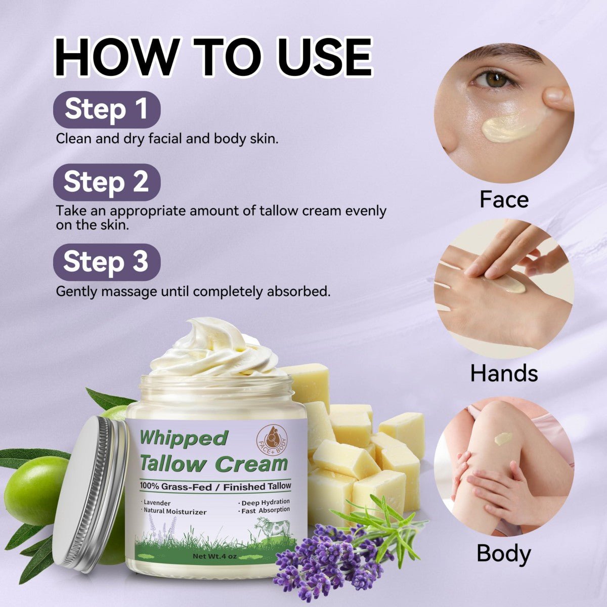 Beef Tallow Balm, Organic Grass Fed, Unscented Face and Body Cream, 4 oz - veakoo