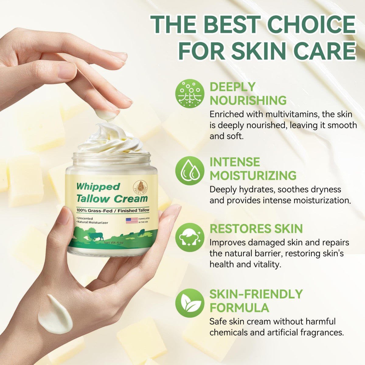 Beef Tallow Balm, Organic Grass Fed, Unscented Face and Body Cream, 4 oz - veakoo