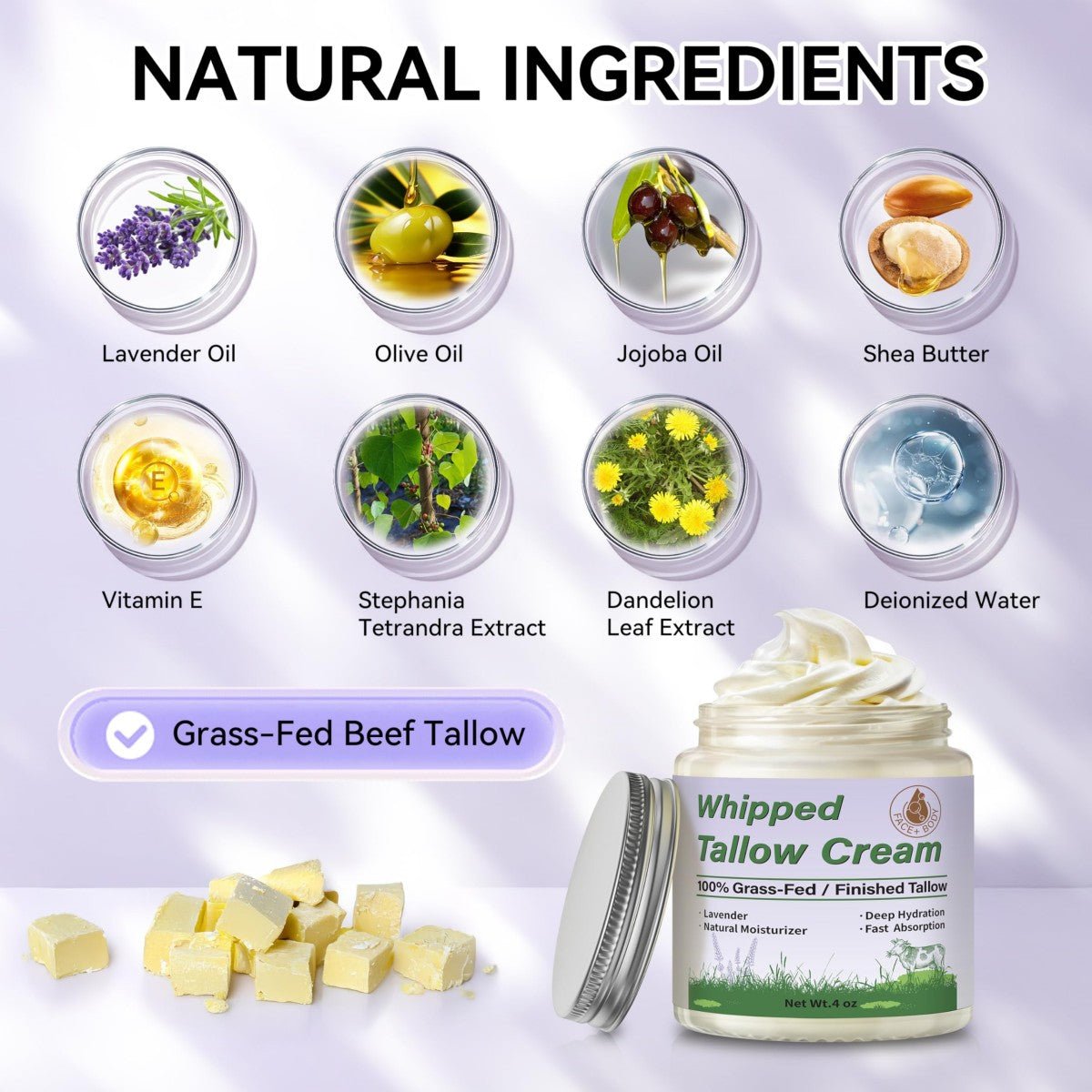Beef Tallow Balm, Organic Grass Fed, Unscented Face and Body Cream, 4 oz - veakoo