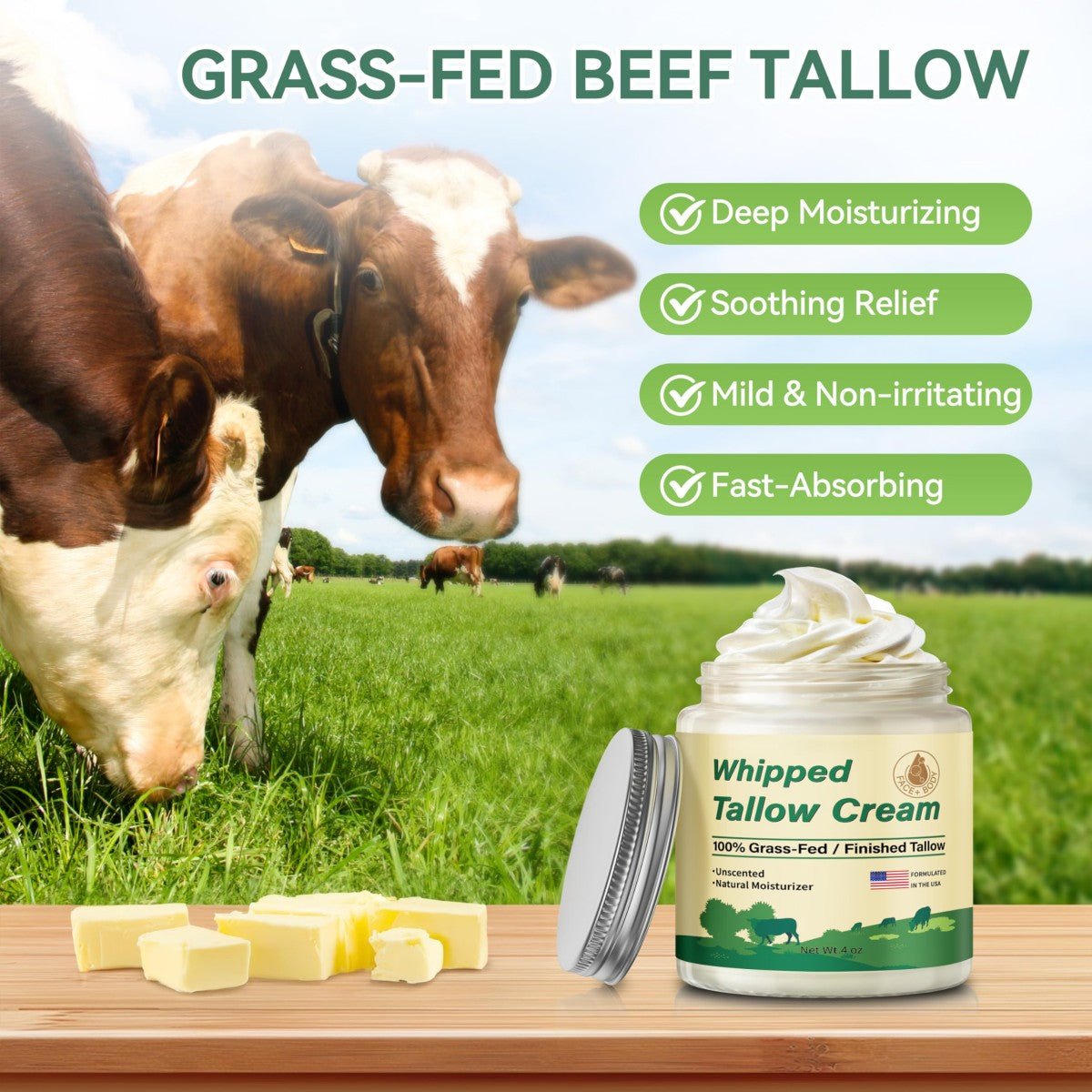 Beef Tallow Balm, Organic Grass Fed, Unscented Face and Body Cream, 4 oz - veakoo