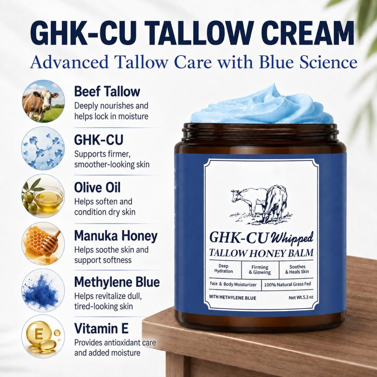 Beef Tallow Balm with Copper Peptide and Manuka Honey, Anti-Aging, 5.3 oz - veakoo