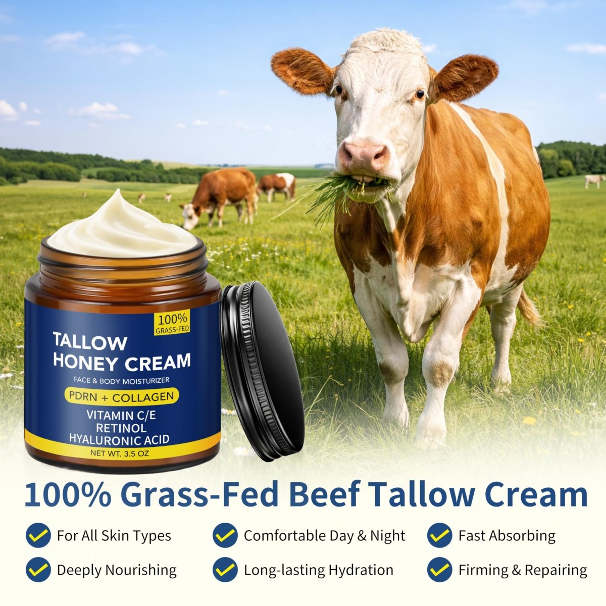 Beef Tallow Balm with PDRN Collagen and Retinol, Anti-Aging Face Moisturizer, 3.5 oz - veakoo