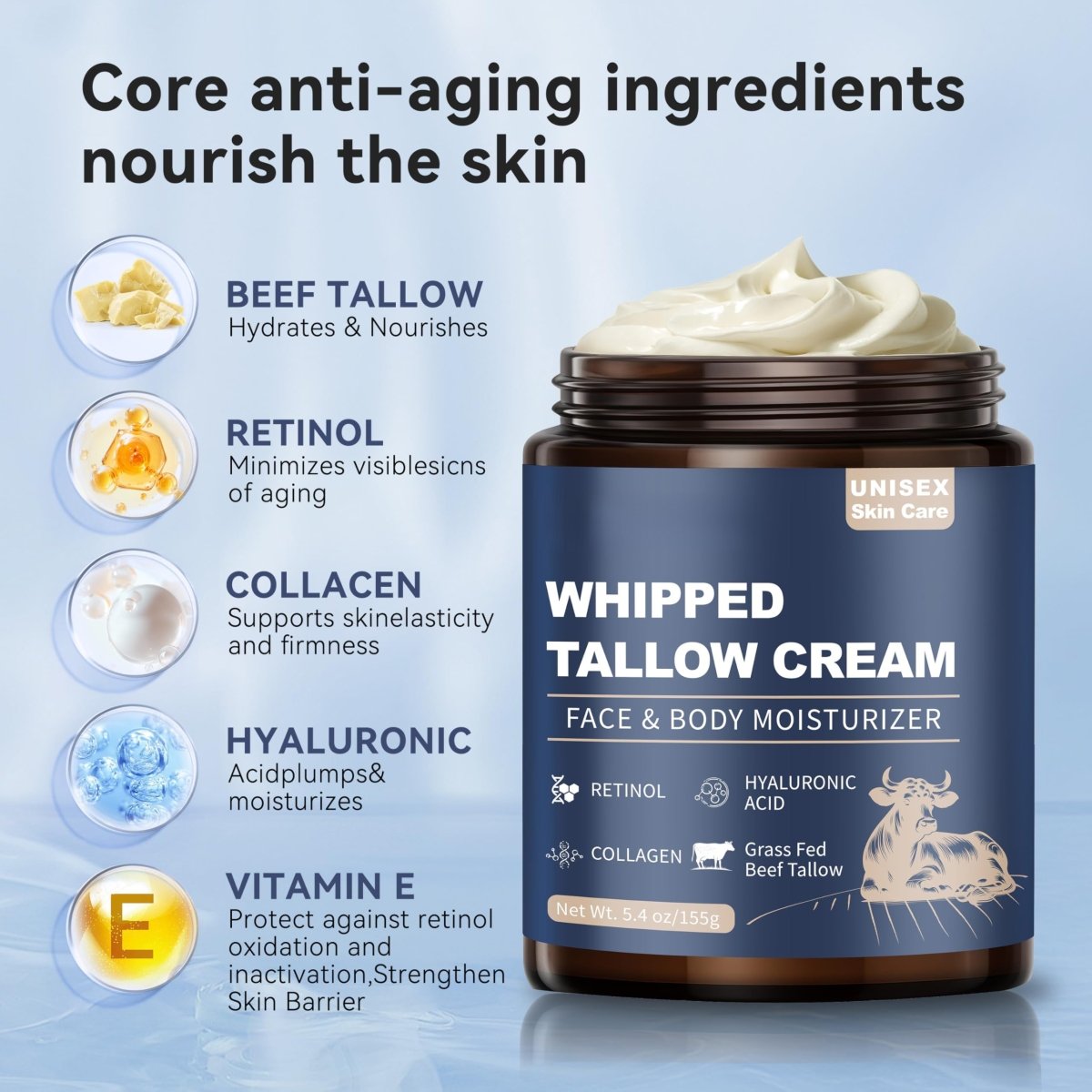Beef Tallow Balm with Retinol and Hyaluronic Acid, Moisturizer, 5.4 oz - veakoo