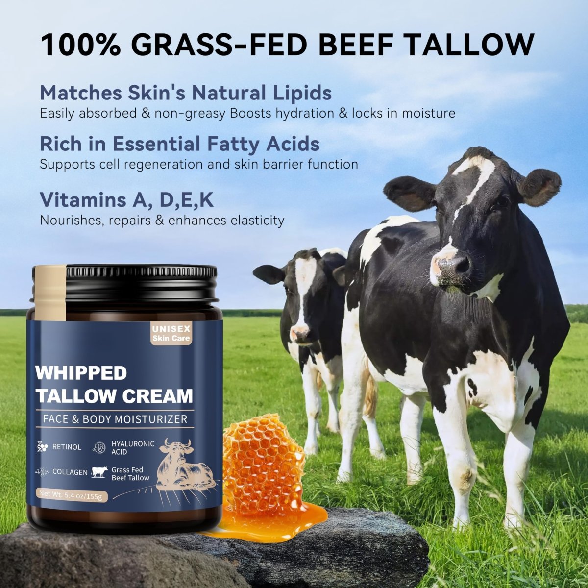 Beef Tallow Balm with Retinol and Hyaluronic Acid, Moisturizer, 5.4 oz - veakoo