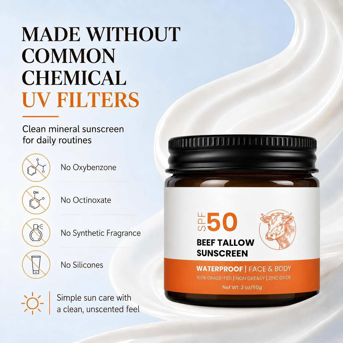 Beef Tallow Sunscreen SPF 50, Zinc Oxide, Grass Fed, Unscented, 2 oz - veakoo