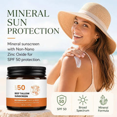 Beef Tallow Sunscreen SPF 50, Zinc Oxide, Grass Fed, Unscented, 2 oz - veakoo