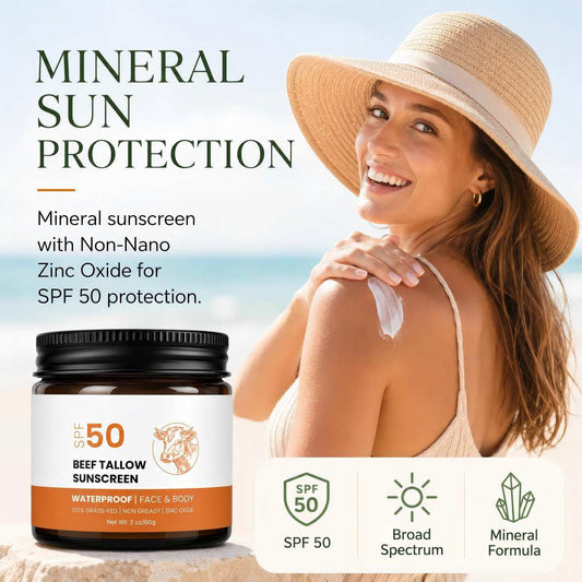 Beef Tallow Sunscreen SPF 50, Zinc Oxide, Grass Fed, Unscented, 2 oz - veakoo