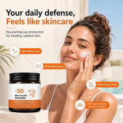 Beef Tallow Sunscreen SPF 50, Zinc Oxide, Grass Fed, Unscented, 2 oz - veakoo