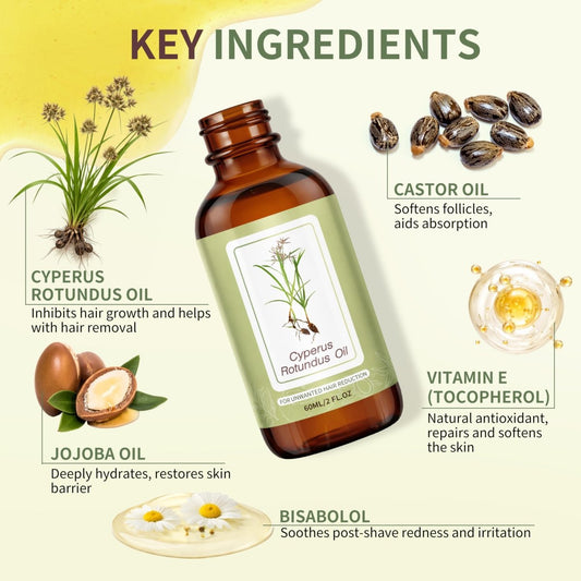 Cyperus Rotundus Oil, Natural Hair Growth Inhibitor for Face and Body, 2 oz - veakoo