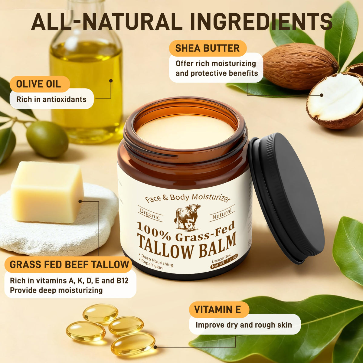 Unscented Beef Tallow Balm - Premium Natural Face Moisturizer (3.2oz) - veakoo