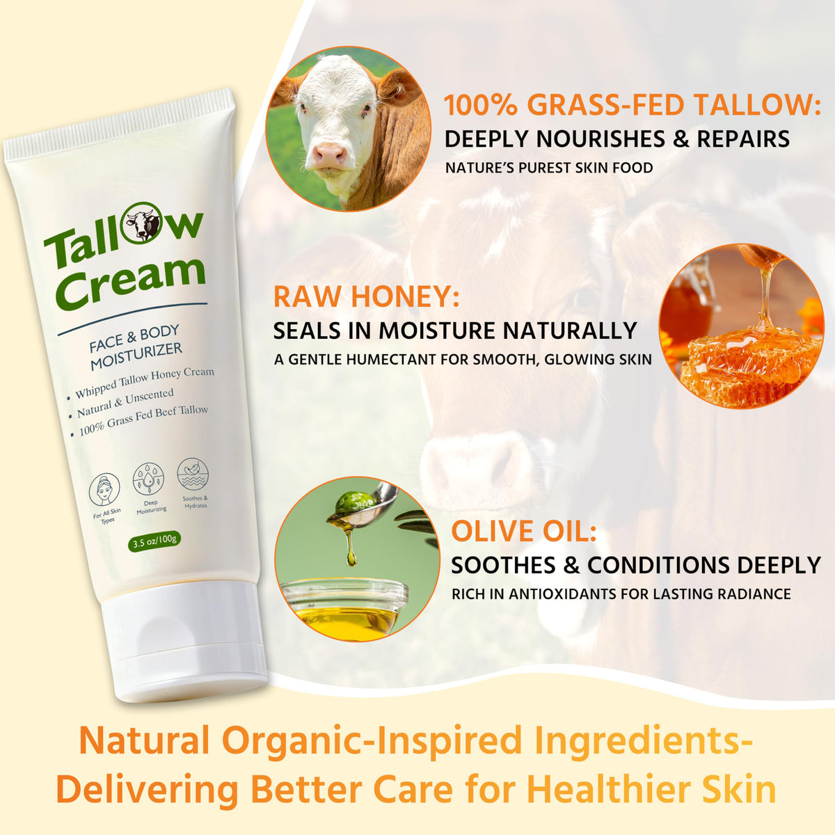 Grass-Fed Beef Tallow Cream, Whipped Face and Body Moisturizer, 3.5 oz