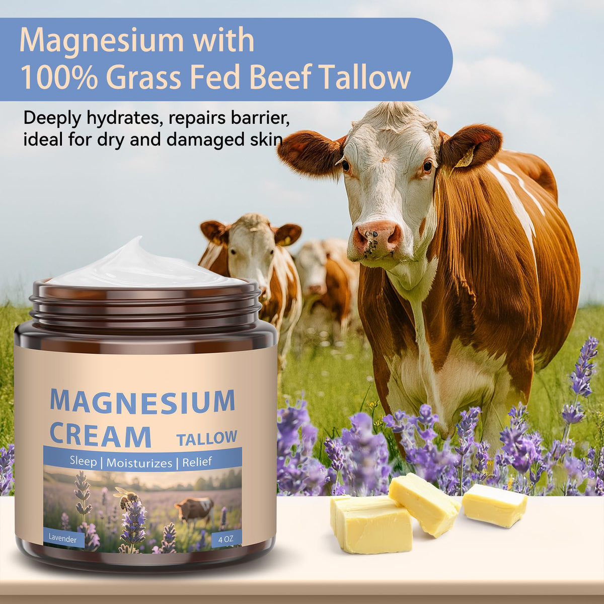Magnesium Cream with Grass-Fed Beef Tallow, Nighttime Body Care, 4 oz