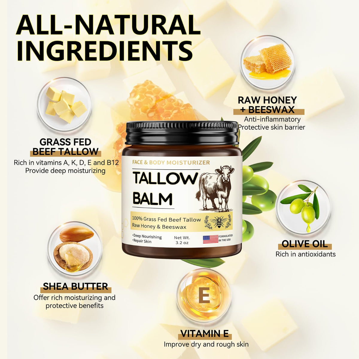 Grass-Fed Beef Tallow Body Balm with Honey - Natural Skin Moisturizer - veakoo