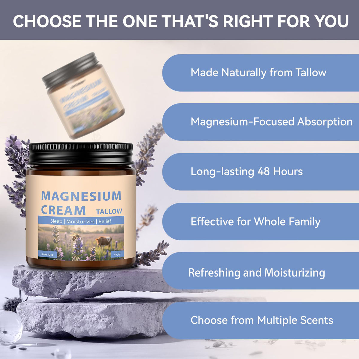 Magnesium Cream with Grass-Fed Beef Tallow, Nighttime Body Care, 4 oz