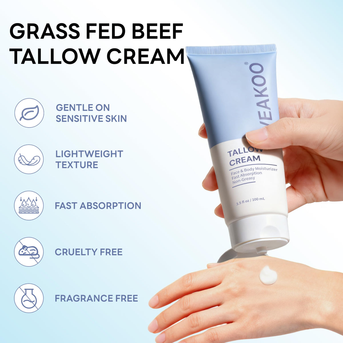 Grass-Fed Beef Tallow Face Cream - Natural Moisturizing Balm (3.5oz Tube) - veakoo