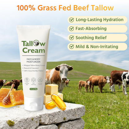 Grass-Fed Beef Tallow Cream, Whipped Face and Body Moisturizer, 3.5 oz