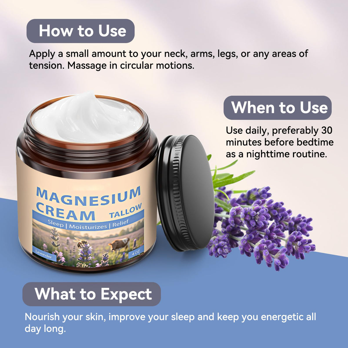 Magnesium Cream with Grass-Fed Beef Tallow, Nighttime Body Care, 4 oz