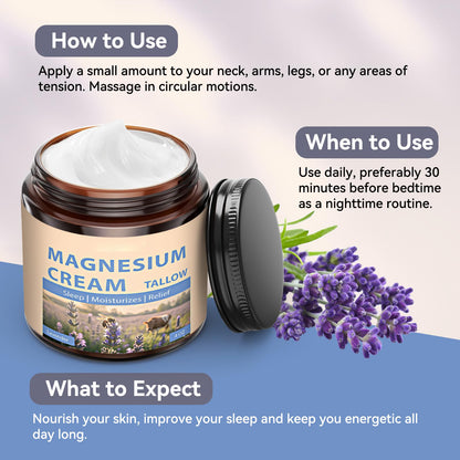 Magnesium Cream with Grass-Fed Beef Tallow, Nighttime Body Care, 4 oz