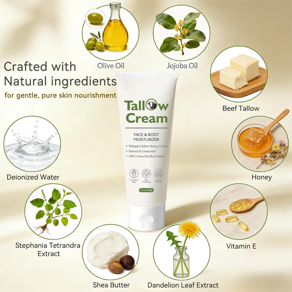 Grass-Fed Beef Tallow Cream, Whipped Face and Body Moisturizer, 3.5 oz