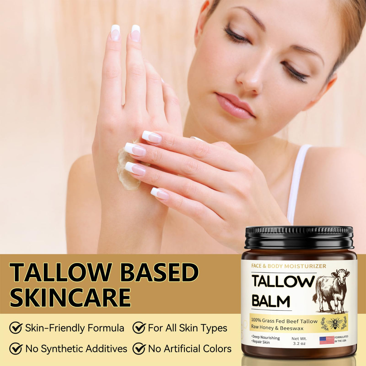 Grass-Fed Beef Tallow Body Balm with Honey - Natural Skin Moisturizer - veakoo