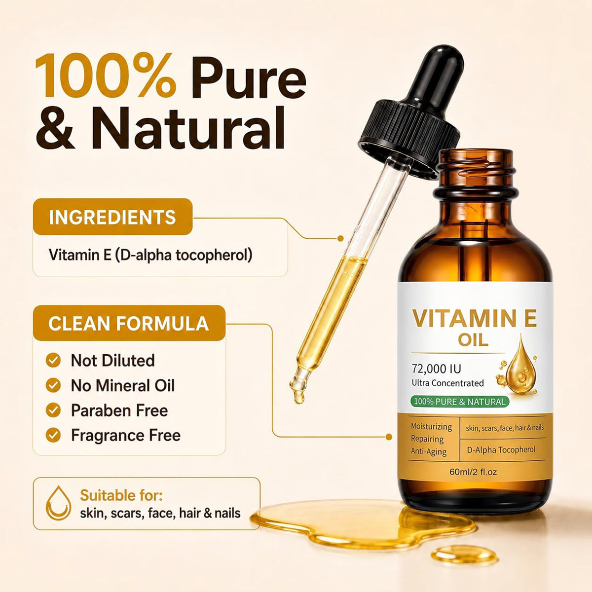 Vitamin E Face Cream with Tocopherol, Hydrating Moisturizer, 2 oz