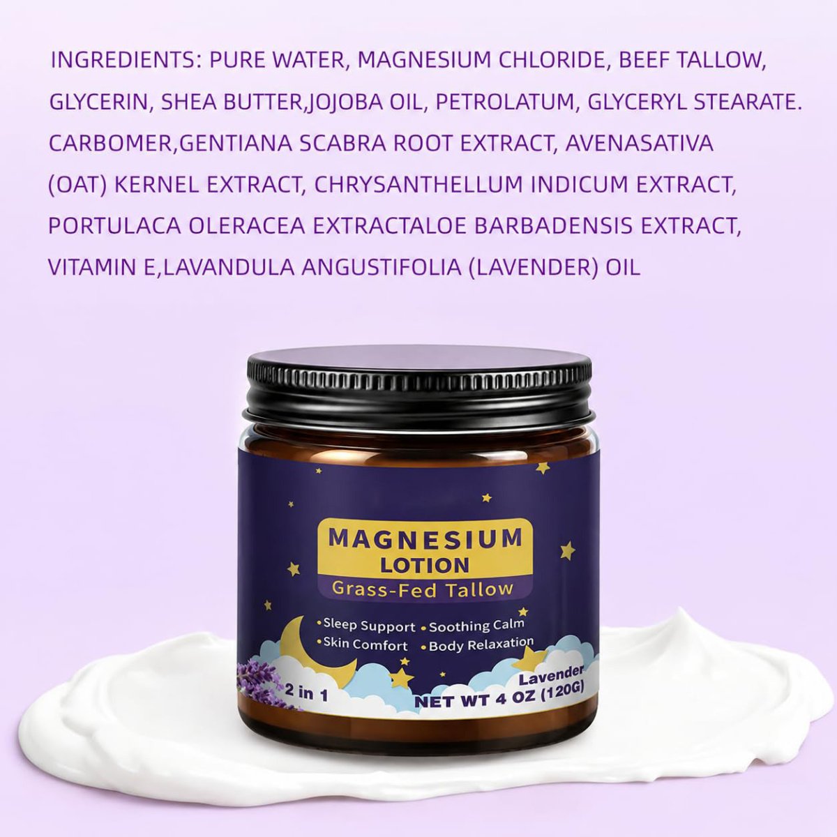 Magnesium Lotion, Grass Fed Tallow, Sleep and Muscle Support, Lavender 4 oz - veakoo