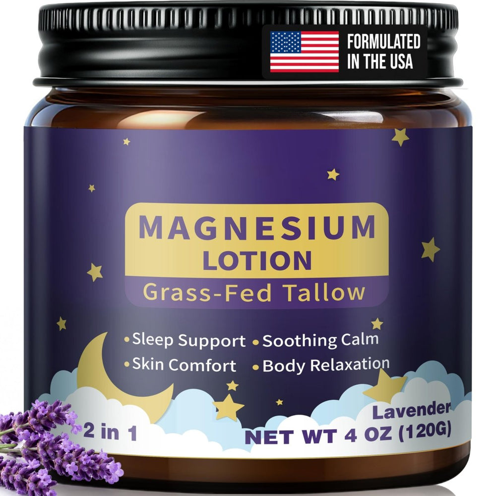 Magnesium Lotion, Grass Fed Tallow, Sleep and Muscle Support, Lavender 4 oz - veakoo
