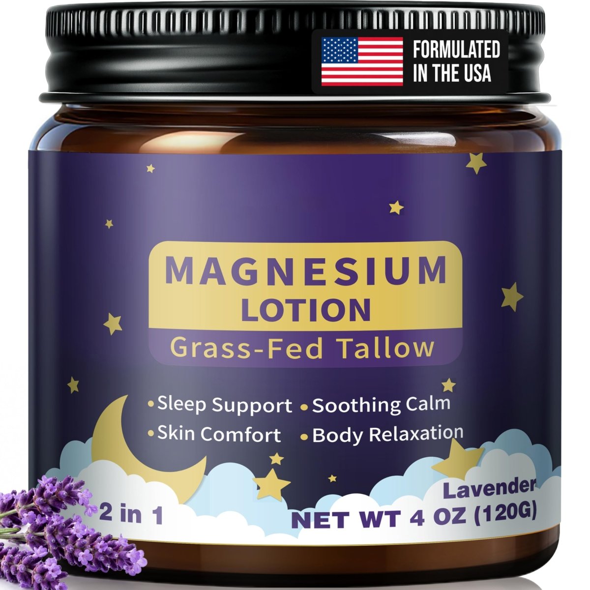 Magnesium Lotion, Grass Fed Tallow, Sleep and Muscle Support, Lavender 4 oz - veakoo