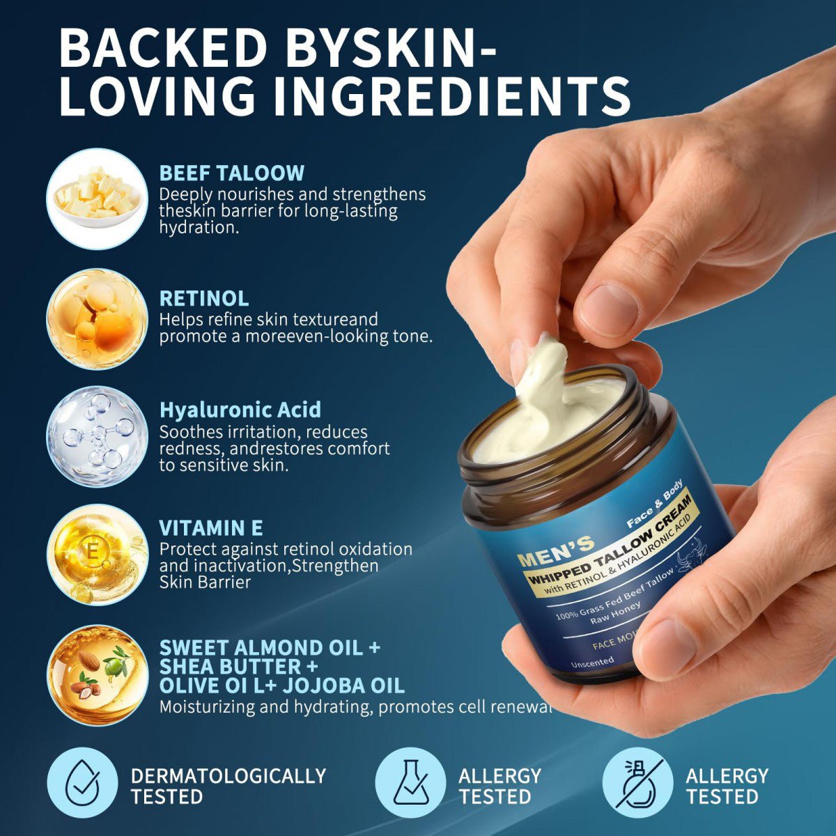 Mens Beef Tallow Balm with Retinol and Hyaluronic Acid, Unscented, 3.5 oz - veakoo