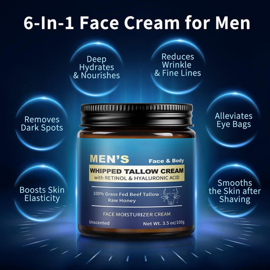 Mens Beef Tallow Balm with Retinol and Hyaluronic Acid, Unscented, 3.5 oz - veakoo