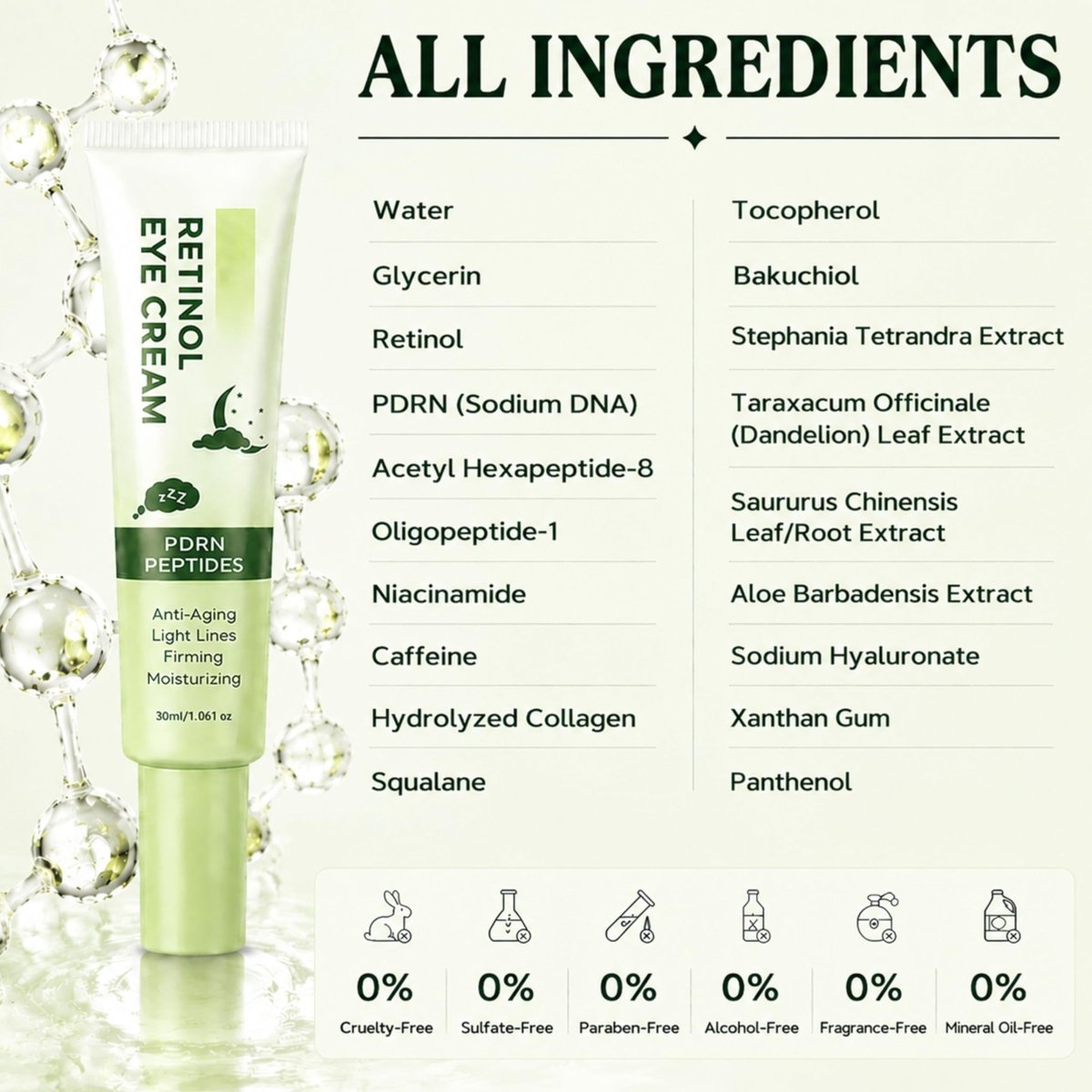 Retinol Eye Cream with PDRN and Peptides, Anti-Aging Under Eye Care, 1.06 oz - veakoo