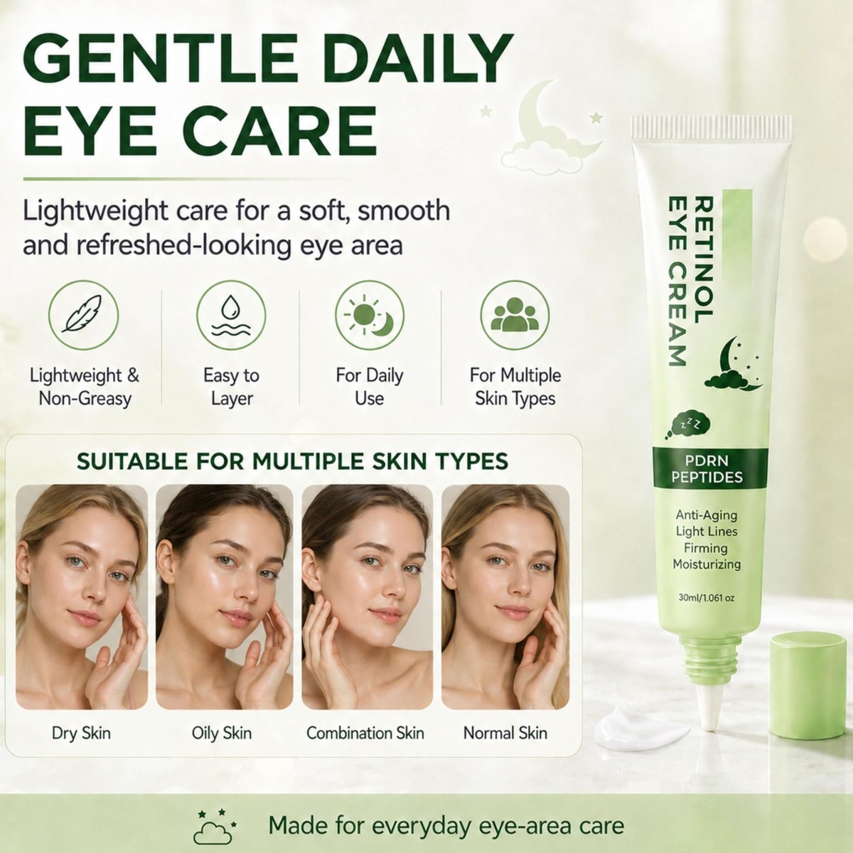 Retinol Eye Cream with PDRN and Peptides, Anti-Aging Under Eye Care, 1.06 oz - veakoo