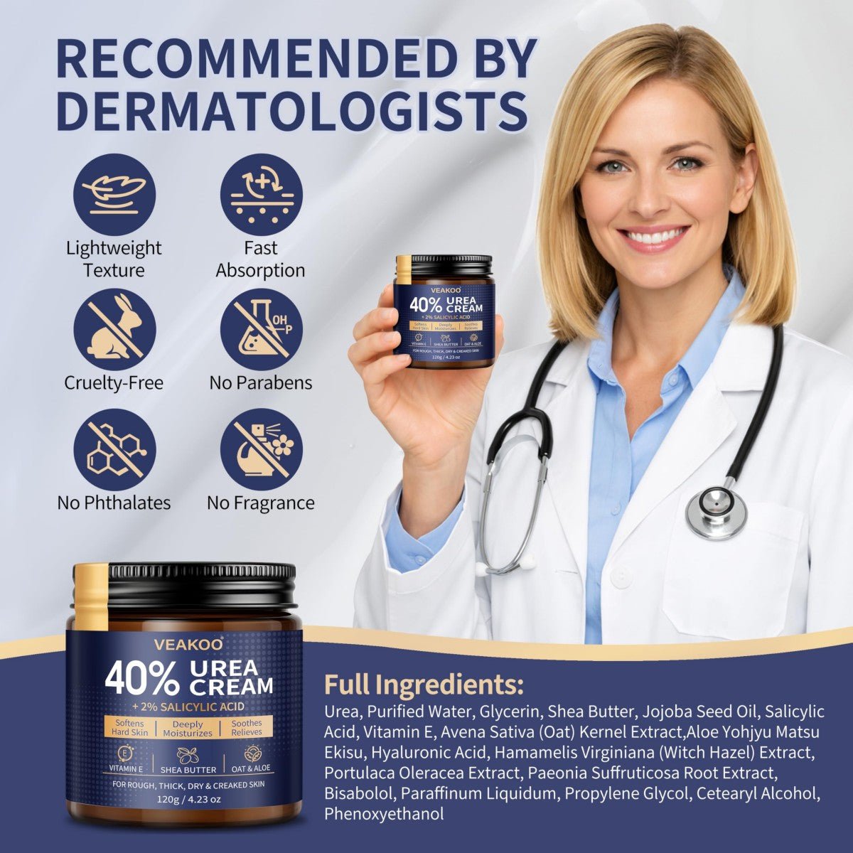 Urea Cream 40% for Feet, Salicylic Acid 2%, Callus Remover, 4.23 oz - veakoo