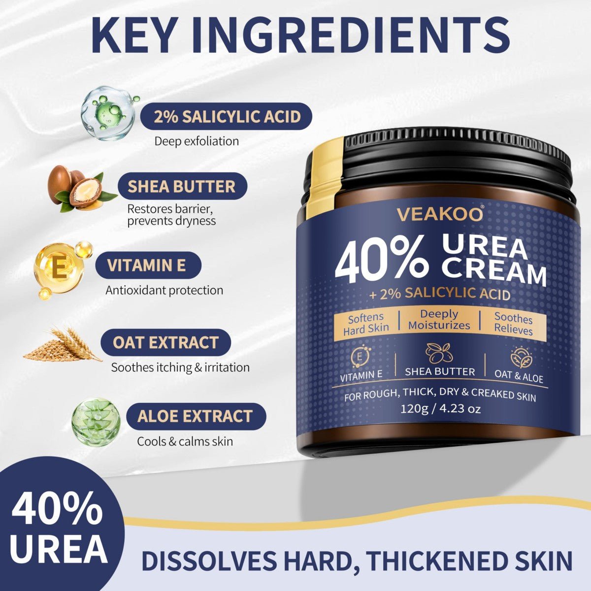 Urea Cream 40% for Feet, Salicylic Acid 2%, Callus Remover, 4.23 oz - veakoo