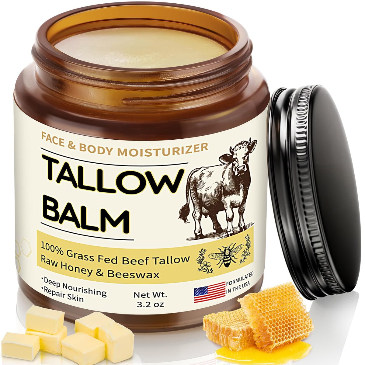 Veakoo Beef Tallow for Skin, Organic Whipped Tallow and Honey Balm (3.2oz) - veakoo