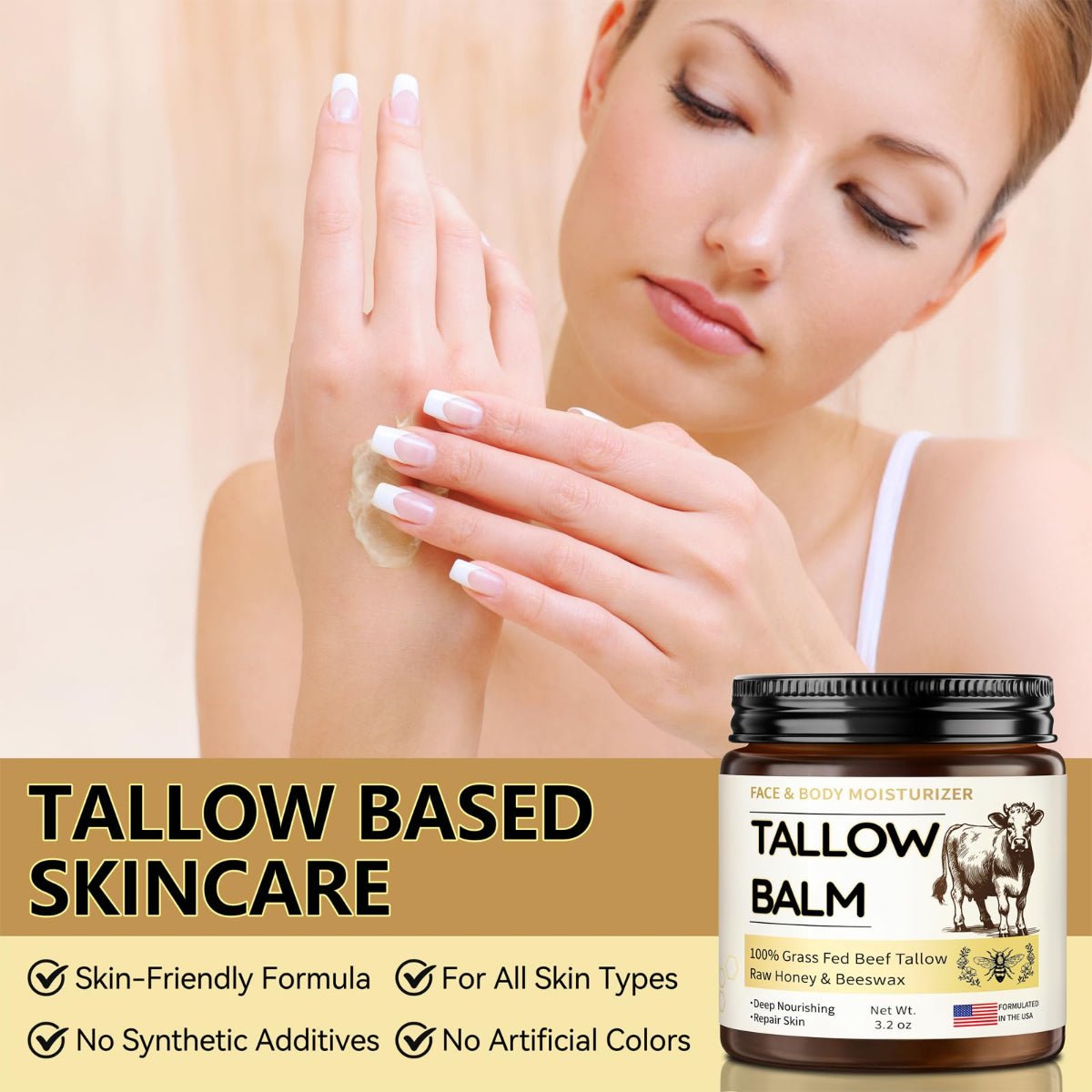 Veakoo Beef Tallow for Skin, Organic Whipped Tallow and Honey Balm (3.2oz) - veakoo