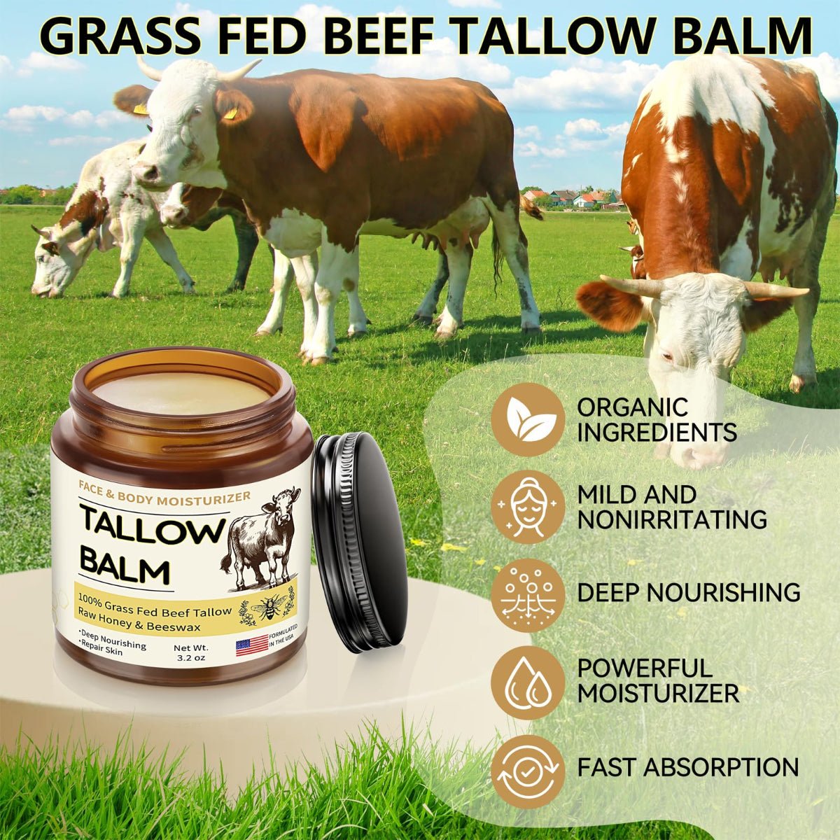 Veakoo Beef Tallow for Skin, Organic Whipped Tallow and Honey Balm (3.2oz) - veakoo