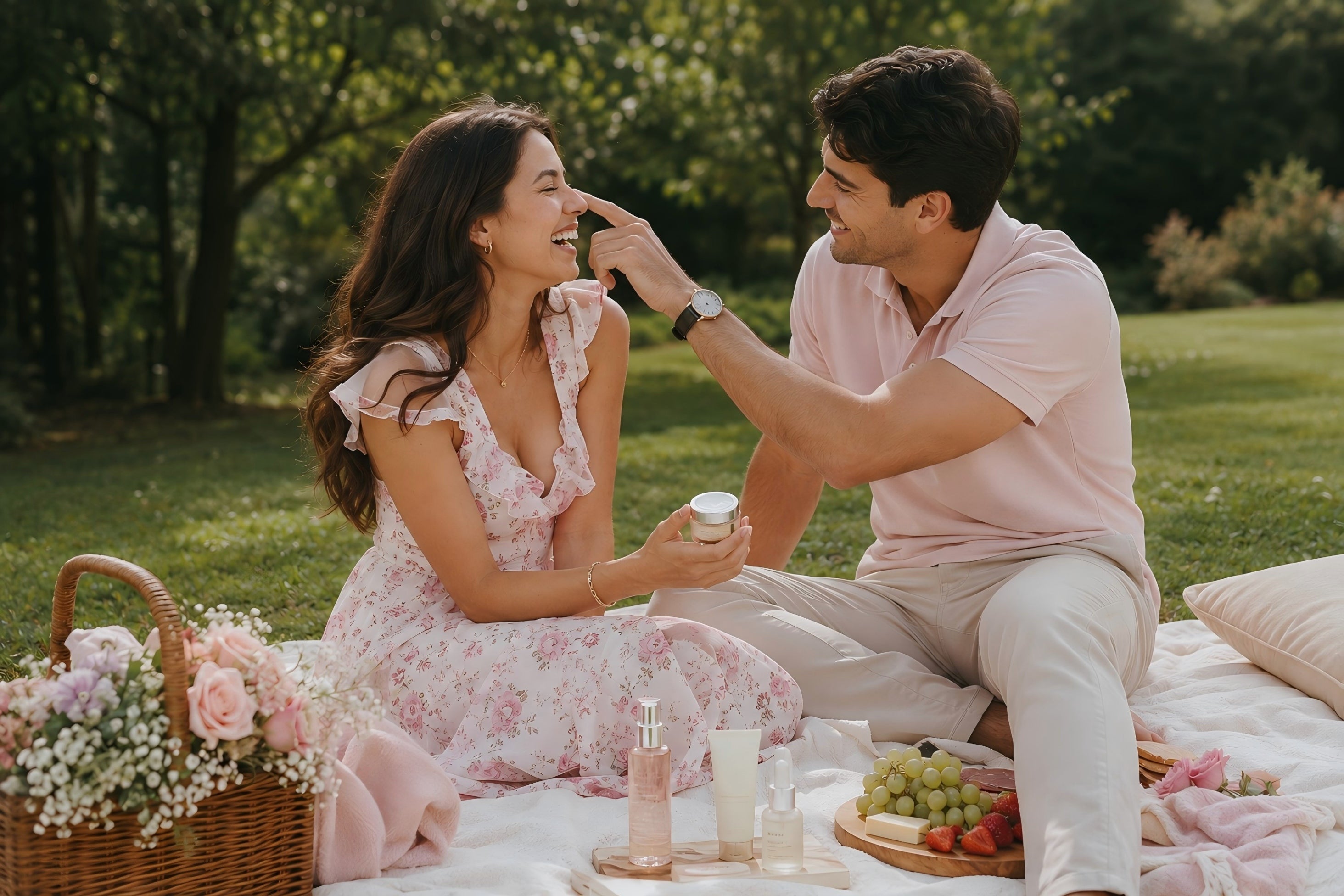 A couple sharing a relaxed VEAKOO skincare moment outdoors